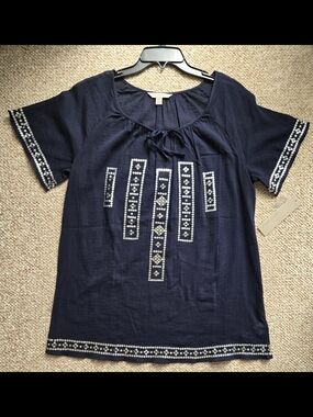 Women’s Navy Embroidered Tie-Neck Top